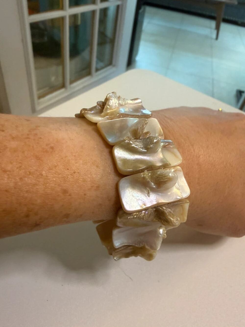 Mother of Pearl Shell Stretch Bracelet Chunky Organic Boho Statement